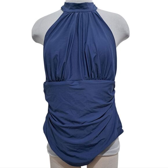 Cupshe Bianca Plunge Halter One Piece Ruched Swimsuit Dusty Blue 1x NWT - Picture 1 of 15